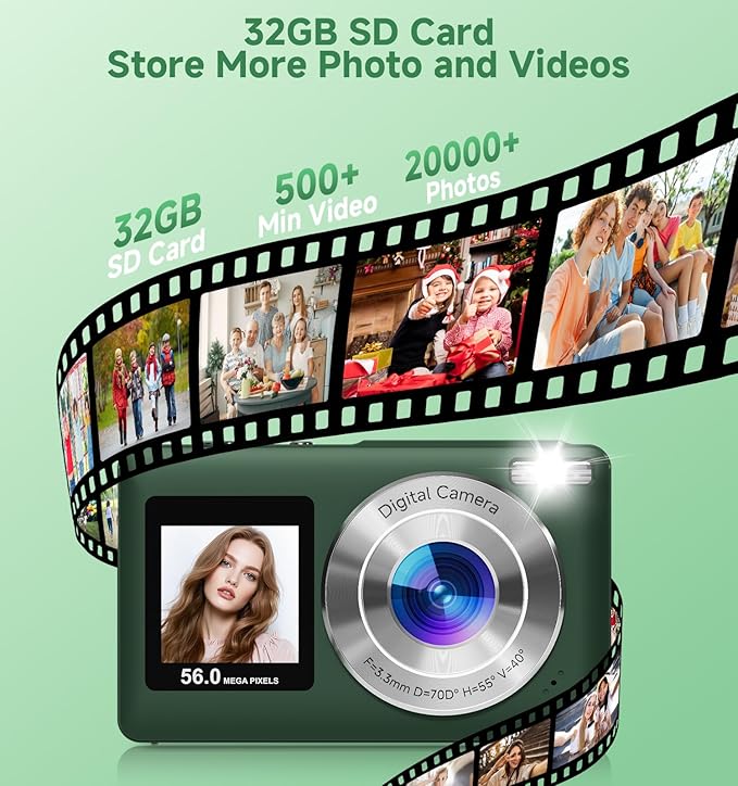 Digital Camera, 2026 Upgraded 56MP Dual Screens Digital Camera, Compact Cameras Built-in Battery with 16X Zoom Travel Cameras with Smile Capture 32GB SD Card Anti Shake for Kids Beginners Teens