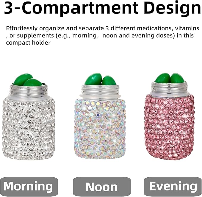 3 Compartment Small Pill Holder Keychain Bling Pill Container with Key Chain Travel Pill Organizer Medicine Box for Women (White+AB+Pink)