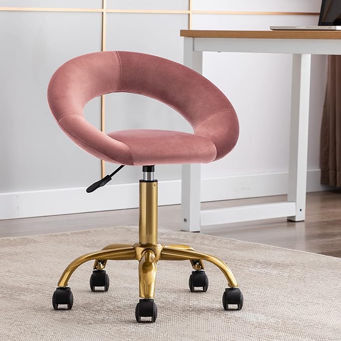 DUHOME Swivel Rolling Chair, Velvet Home Office Chair Adjustable Hydraulic with Backrest for Salon Tattoo Office Massage Medical Facial Spa, Pink