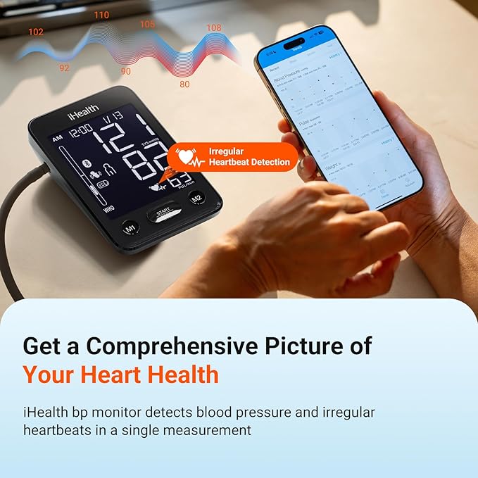 iHealth Accu Blood Pressure Monitor – 4.5" Large LCD(Black), Clinically Accurate, Irregular Heartbeat Alert, Body & Cuff Detection, Bluetooth Sync, Large 8.6"–17" Cuff– Easy for Seniors & Adults