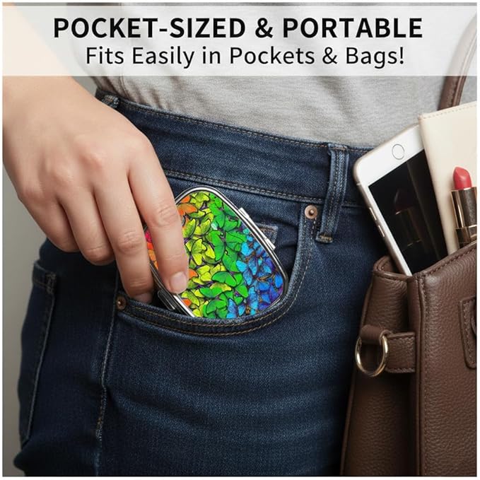 Butterfly Pill Box 2 Compartment Small Pill Case,Portable for Pocket or Purse Pill Organizer Pill Container Holder with Mirror to Hold Vitamins, Medication, Fish Oil and Supplements