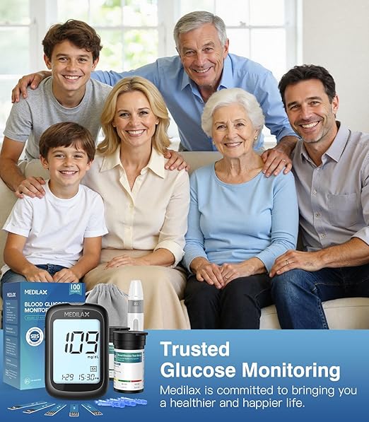 Medilax Blood Glucose Monitor Kit, Blood Sugar Testing Kit with 100 Test Strips, 100 Lancets, Glucometer and Lancing Device, 500 Memories & No Coding & Large Display Glucose Monitor for Home Use