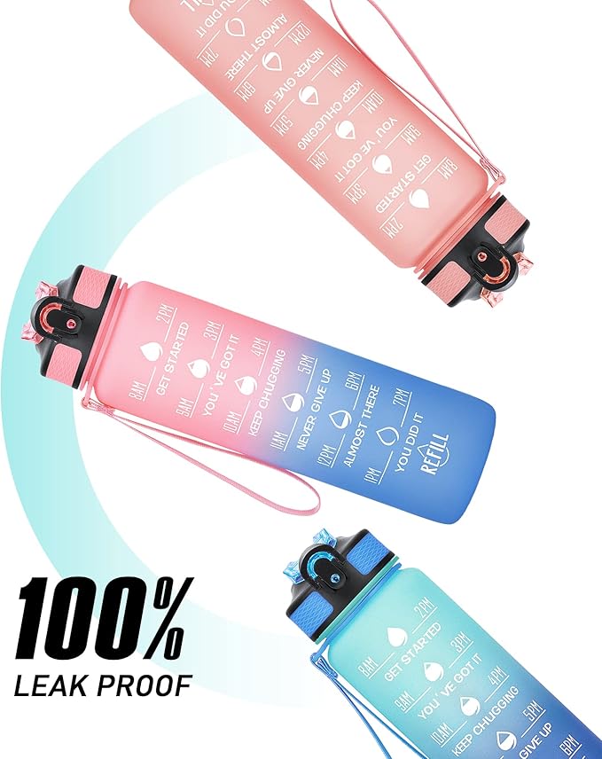 1 litre Motivational Fitness Sport Water Bottle with Straw & Time Maker, Leak-proof, BPA-free, Tritan, Toxin Free Plastic Drink Bottle Design for Girls, Boy, Cycling, School & Office