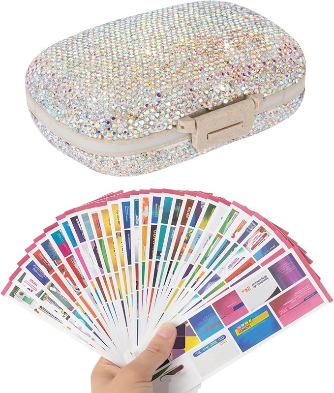 Pill Organizer with Labels Bling Pocket Pill Case with Stickers Travel Medicine Kit Holder Small Purse Pill Box Container Portable Mini Medication Storage (AB Colorful & 300 Labels)