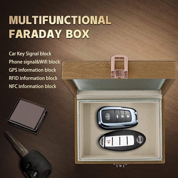 JXE JXO Faraday Box, Faraday Key Fob Protector, Faraday Cage, Key Fob Signal Blocker Box (Mini Imitation Wood)