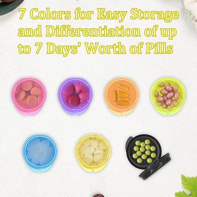 7Pcs Small Pill Box,Daily Pill Organizer Portable Travel Pill Box for Purse Pocket Mini Medicine Storage Container for Storing Fish Oil,Pills,and Vitamin Tablets(7 Colors)