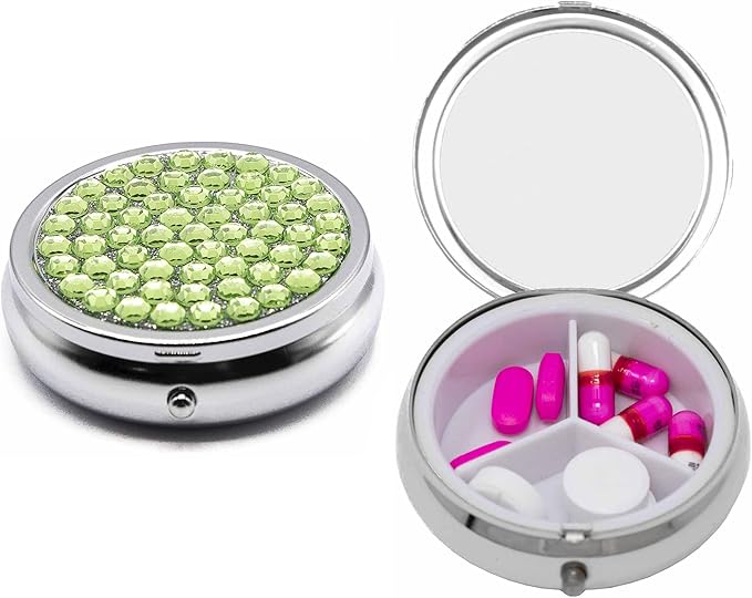 Set of 2 Circular Triple-Compartment Pocket Purse Pill Box & Organizer with Insert (Peridot Gemstones)