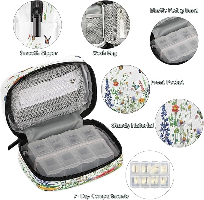 Flower Animal Butterfly Color Travel Pill Organizer Box Weekly Portable Pill Case Daily Pills 7 Day Small Birth Control Pills Container Removable Compartments for Medicine Vitamins Fish Oil