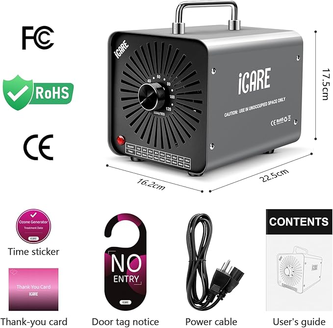 Ozone Generator, 48,000mg/h Commercial Ozone Machine Odor Removal, High Capacity O3 Odor Eliminator Deodorizer with 120Min Timer for Home, Pet, Smoke, Car, Basements for 4000 Square Feet Grey