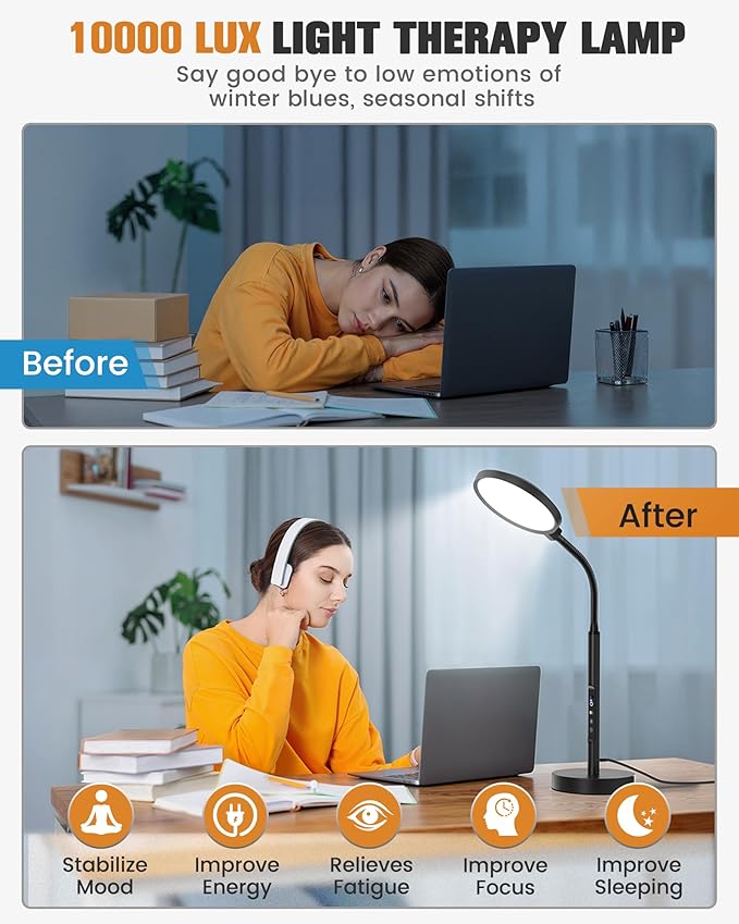 10000 Lux Light Therapy Lamp, Sunlight Therapy Lamps with 3 Color Temperatures &Dimmable &Timer, Full Spectrum &UV-Free Happy Lamp Light Therapy with Remote, Daylight Lamps for Home(Black, Table Lamp)