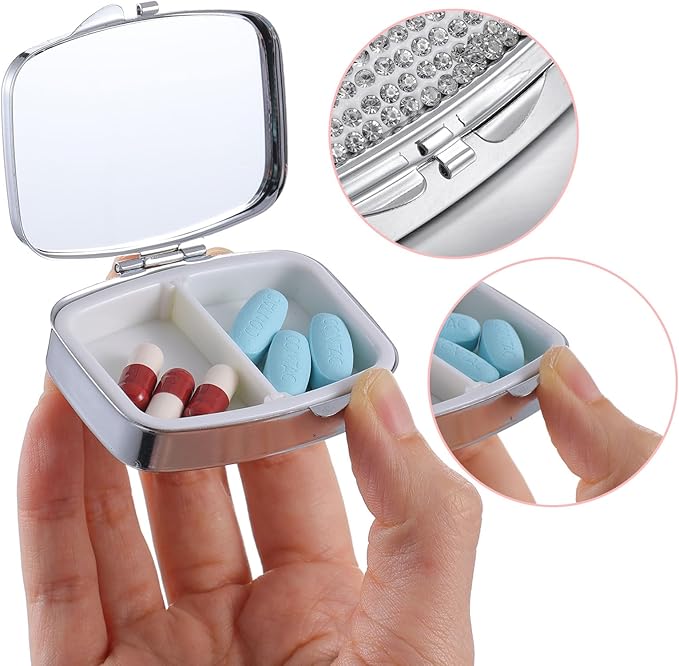 Bling 2 Compartment Pill Case Crystal Diamond Medicine Planner Pill Container Small Cute Pill Case Vitamins Organizer Portable Travel Pill Box Case for Purse Pocket (Silver)