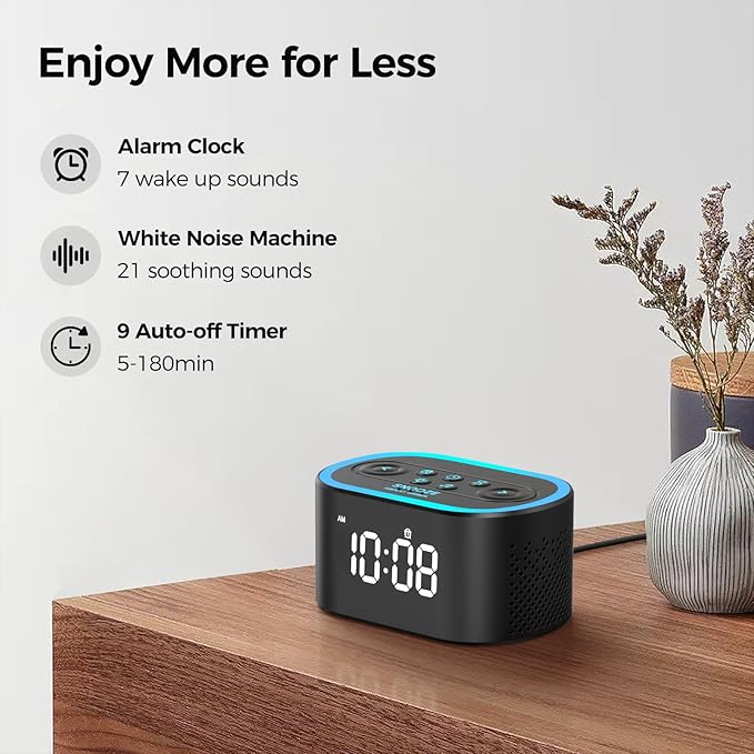 Reacher Digital Alarm Clock & White Noise Sound Machine, 21 Soothing Sounds, 7 Wake Up Sounds, 8 Night Lights, 32-Level Volume, 9 Sleep Timer, Memory Function for Kid, Adult, Bedroom, Nightstand