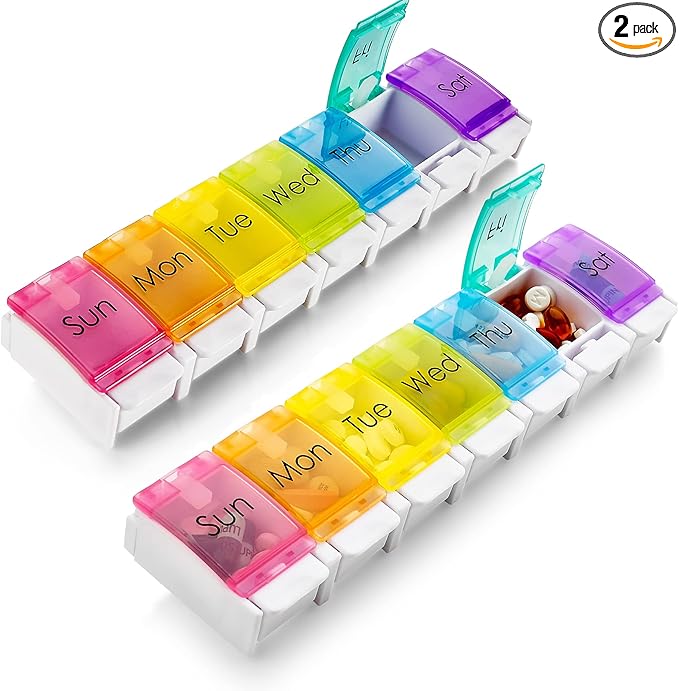 Weekly Pill Organizer - (Pack of 2) Colorful 7-Day Easy Push Button Assisted Open for Arthritis and Seniors, BPA Free, Daily Travel Pill Box Case Planner for Medication Vitamins Fish Oil Supplements