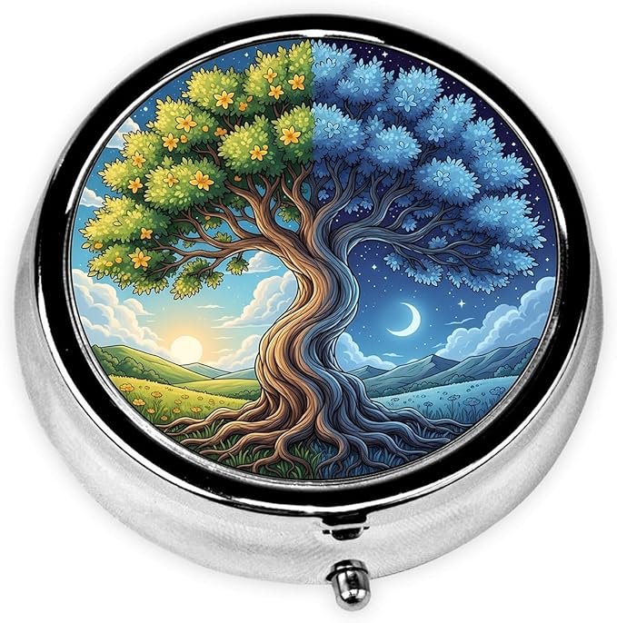 Tree of Life Pill Box 3 Compartment Small Pill Case,Portable for Pocket or Purse Pill Organizer Pill Container Holder with Mirror to Hold Vitamins, Medication, Fish Oil and Supplements