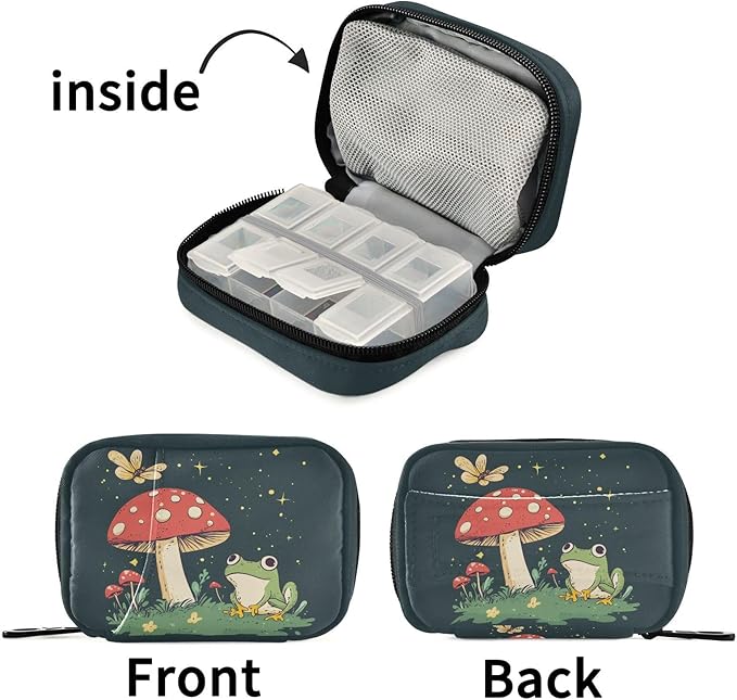 Fustylead Cute Frog and Red Mushroom Butterfly Travel Pill Case Bag with Zipper Weekly Pill Box 8 Compartments 7 Day Personal Pill Case Purse Medicine Case Organizer
