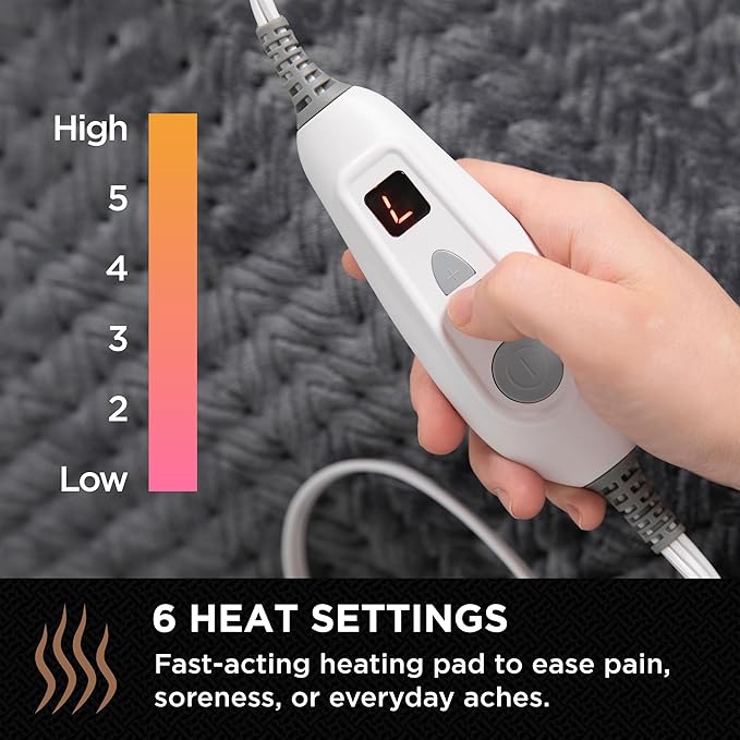 Brookstone Herringbone Portable Heating Pad - Super Soft Plush, 6 Heat Settings, Machine Washable, Easy-to-Use Controller, 16'' x 12'' for Pain Relief, Period Cramps, Warmth (Gray)
