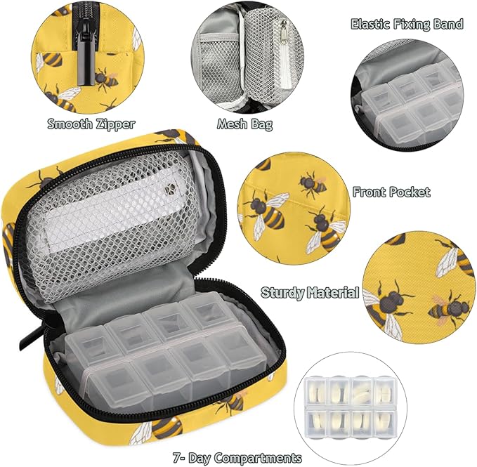 Portable Pills Organizer for Purse, Pill Cases Organizers 7 Day Medicine Travel Case, Personal Week Pill Organizer Cute Zipper Medication Bag Containers for Vitamin, Supplement (Bees)