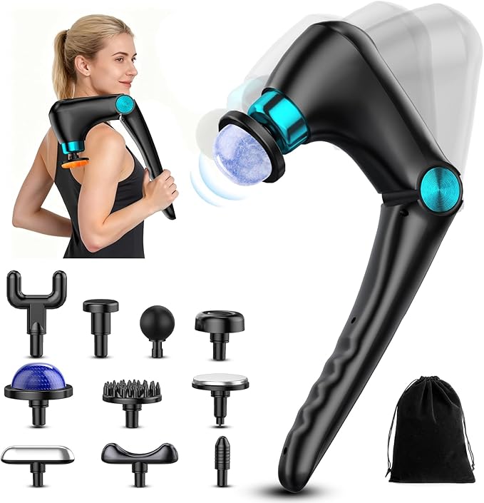 Deep Tissue Back Massagers with Heat & Cold Therapy, Folding Percussion Massage Gun for Women Men, 9 Speed Cordless Back Pain Relief Muscle Massager for Home Gym Office, 10 Heads