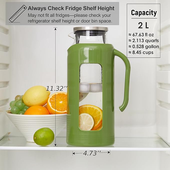 Delove Glass Pitcher with Lid & Shatterproof Shell – Heat-Resistant Borosilicate Glass Jug, 2 L/68 oz with Handle & Spout – Perfect for Iced Tea, Juice, Hot & Cold Water (Green)