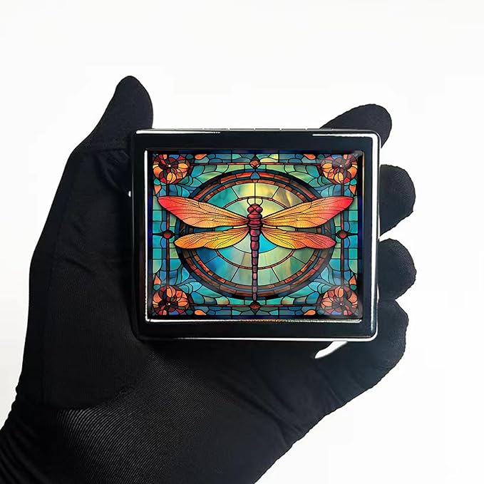7 Days Chromed Shiny Silver Pill Organizer with Mirror Inside Has 8 Separate Compartments Rectangle 7 Days Pill Box Pill Case (Dragonfly Stained Glass)