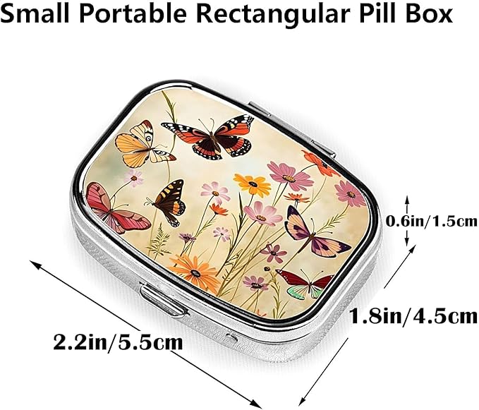 ABLESKY Pill Box, 2 Compartment Pill Organizer Case for Pocket or Purse, Small Portable Metal Travel Medicine Box with Mirror, Daily Vitamins Fish Oil Container-Aesthetic Butterfly Flowers