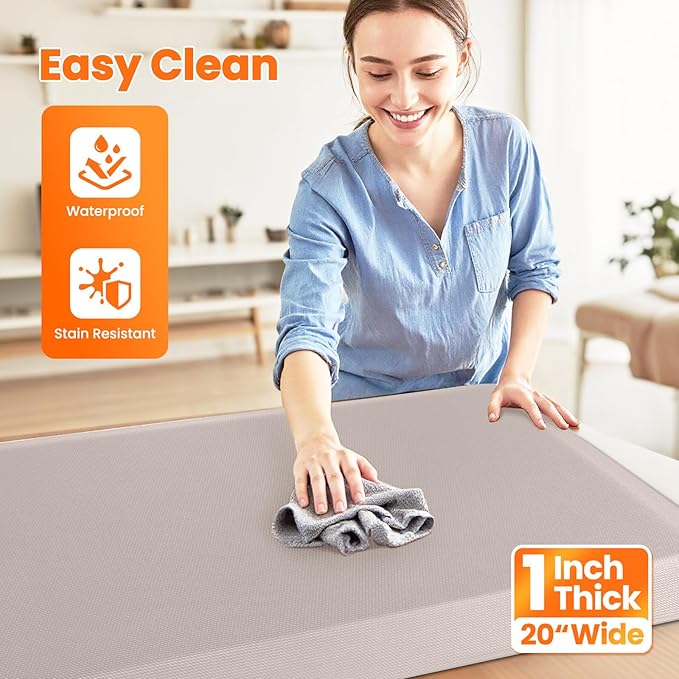 Kitchen Mats for Floor, 1 Inch Extra-Thick Kitchen Rugs, Waterproof & Non-Slip Anti Fatigue Mats, Comfort Standing Desk Mat for Kitchen Floor, Sink, Home, Office (20" X 72", Khaki)