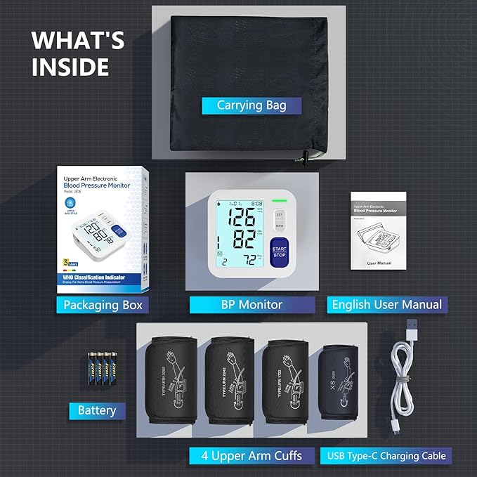 Blood Pressure Machine Upper Arm, 4 Size Cuffs Included, XS 4"-7.5", Small 7"-9", Medium 9"-17" and Extra Large XL Cuff 13"-21", Accurate Automatic Digital BP Monitor Home Use, Large Backlit LCD