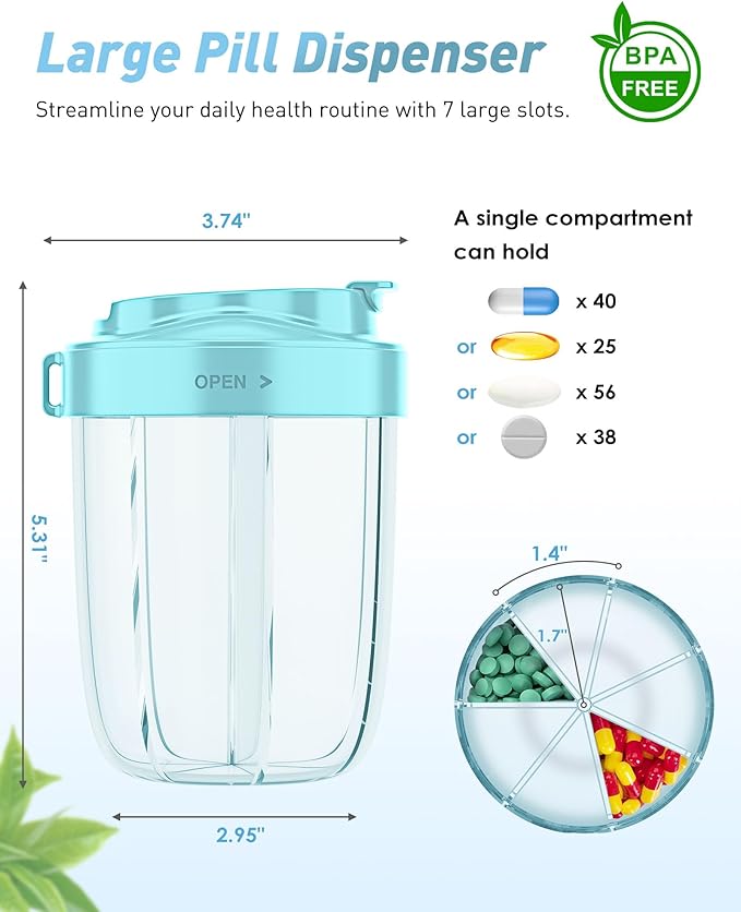 Large Pill Dispenser to Store 7 Various Supplements - Pill Organizer & Supplement Organizer for Travel, Anti-Mixing Design, BPA-Free with Strap & 20 Sticky Labels (Black&Blue)