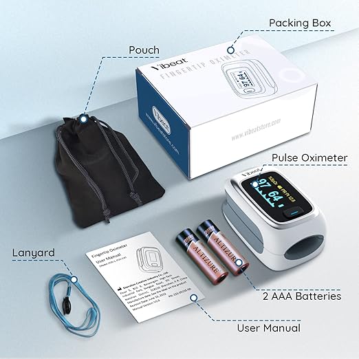 Vibeat Bluetooth Fingertip Pulse Oximeter with Pulse Rate, Blood Oxygen Saturation Monitor | Finger O2 Meter, Batteries and Lanyard Included, Free APP