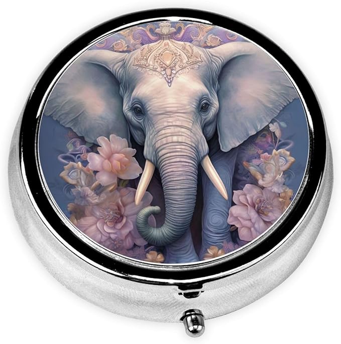 Gorgeous Elephant Flower Pill Box 3 Compartment Pill Case, Portable Medicine Pill Organizer for Pocket Purse Pill Box Decorative Metal Medicine Vitamin Organizer