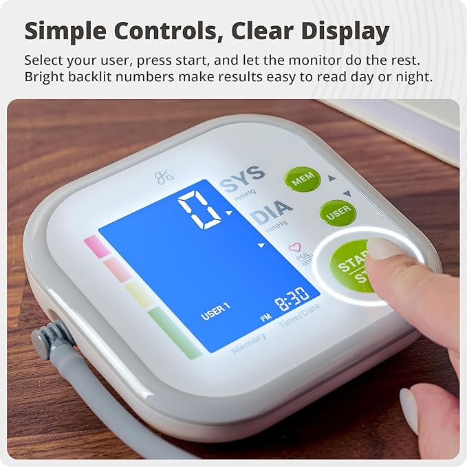 Greater Goods Upper Arm Blood Pressure Monitor for Home Use – Automatic One-Touch BP Machine, Wide-Range Cuff (8.7”–16.5”), Large Backlit Display, 2-User Memory, Complete Kit
