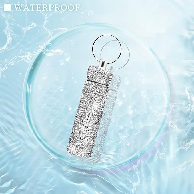Yuchew Bling Pill Case Pill Container Rhinestone Pill Box Portable Waterproof Pocket Pill Holder Bottle Storage with Keychain for Travel, Outdoor, Camping (Silver)