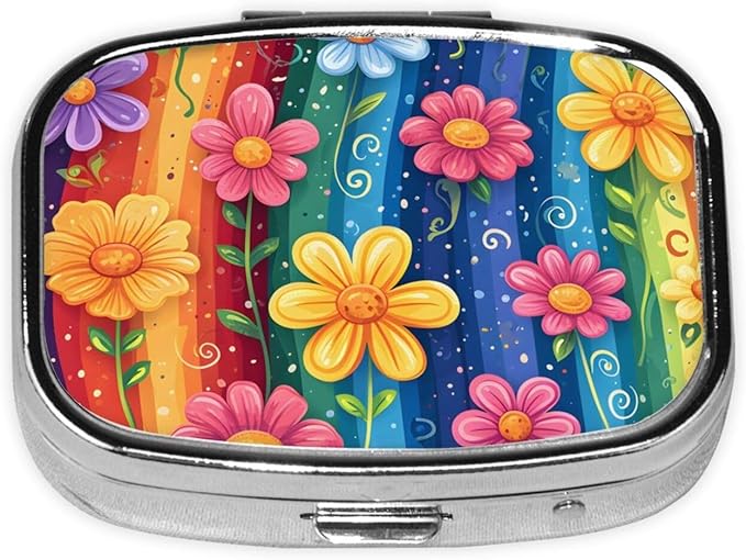 Cartoon Rainbow Flower Pattern Pill Box with Mirror 2 Compartment Metal Square Small Pill Case for Purse Pocket Portable Pill Container Holder Travel Medicine Organizer for Vitamin Fish Oil Supplement