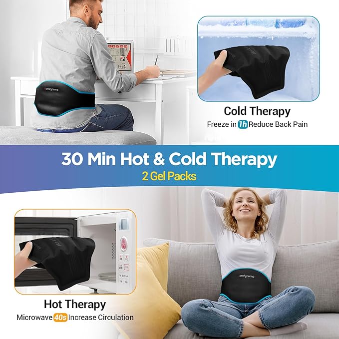 Comfytemp Back Ice Pack Brace, Lumbar Pain Relief Product for Sciatica Ease, 2 Pcs, Gel Lower Back Support Wrap Ice for Injuries Reusable, Hot Cold Compress for Lower Waist (Black)