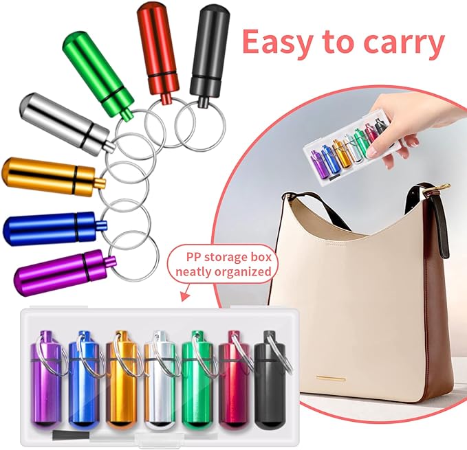 Small Portable Pill Case with Keychain(7 Pack), Waterproof Aluminum Pill Organizer Metal Mini Box Pocket Drug Storage Container Trip Plastic Storage Box