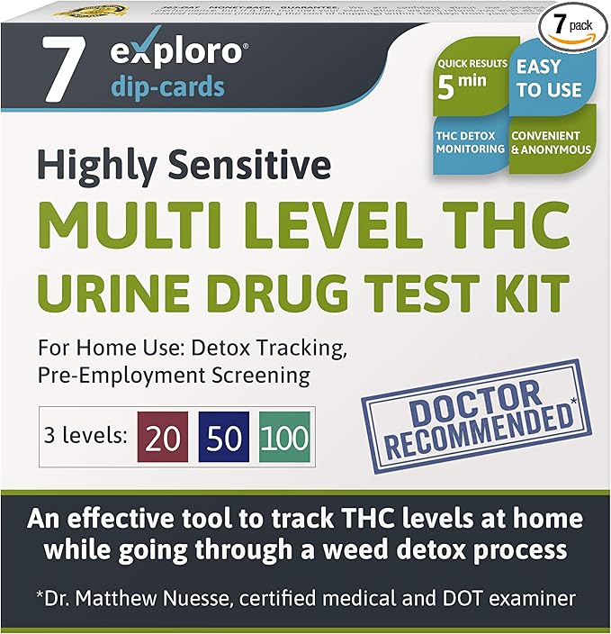 Exploro Multi Level THC Drug Test Kit – 3 Level Marijuana & Weed Test at Home (20, 50, 100 ng/ml) – Urine THC Test Strips for Detox Cleanse Monitoring, Pre-Employment & Personal Use (Pack of 7)