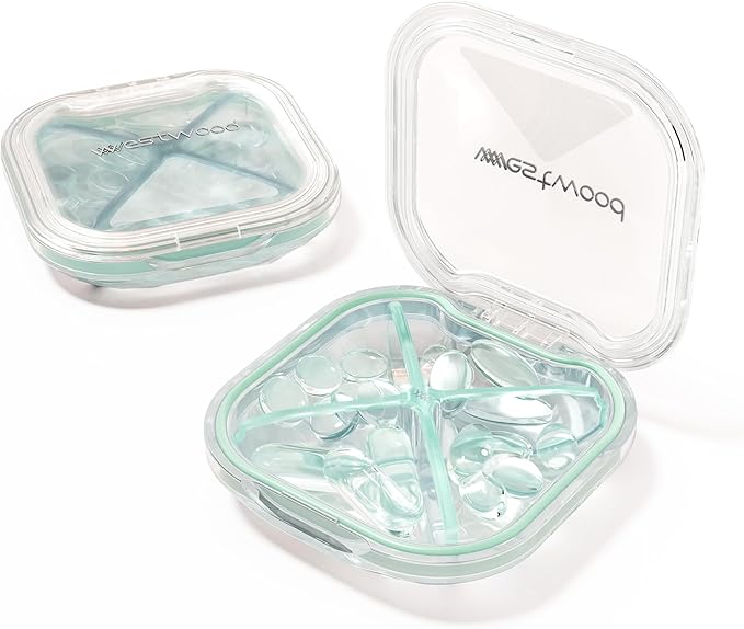 4-Compartment Pill Organizer, Small Green Portable Pill Case for Daily Vitamins, Supplements & Medication, Travel-Friendly Compact Design, Stylish Cute Medicine Pill Box Pill Holder