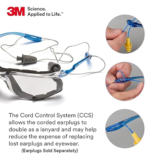 3M Safety Glasses, Virtua CCS, ANSI Z87, Anti-Fog, Indoor/Outdoor Mirrored Lens, Blue Frame, Corded Ear Plug Control System, Removable Foam Gasket, Pack of 1