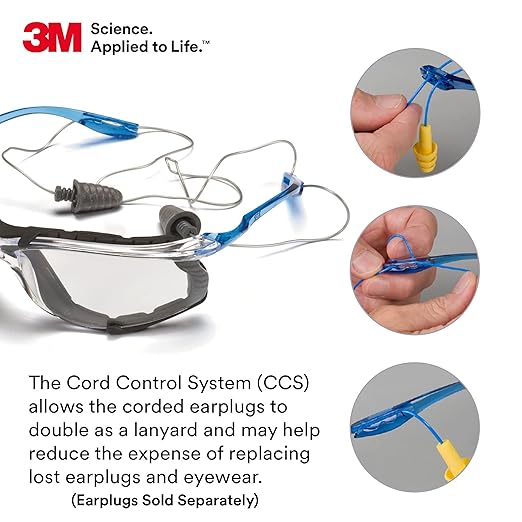 3M Safety Glasses, Virtua CCS, ANSI Z87, Anti-Fog, Indoor/Outdoor Mirrored Lens, Blue Frame, Corded Ear Plug Control System, Removable Foam Gasket (Pack of 2)