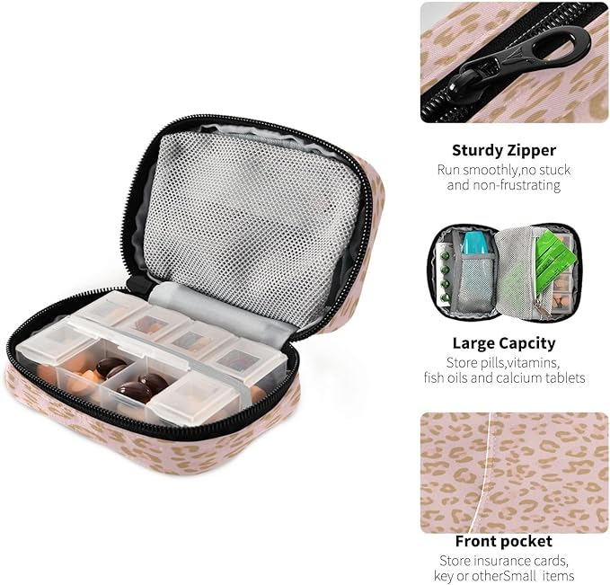 xigua Golden Leopard Print Pill Box 7 Day Travel Pill Cases Bag,Weekly Portable Pill Organizer Bag with Zipper for Vitamin Supplement Fish Oil373
