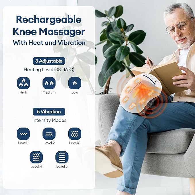 IeBilif Cordless Knee Massager with Heat, 5 Vibration Modes & 3 Heating Levels, 6 Silicone Massage Heads, Adjustable Double Straps, Portable Heated Knee Massager Gifts for Men, Women