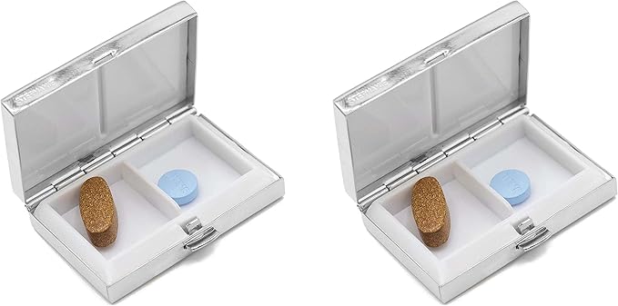 Stephanie Imports Set of 2 Rectangular-Shaped Pocket Purse Pill Box & Organizer With Dual Compartments (Silver Black Gemstone)