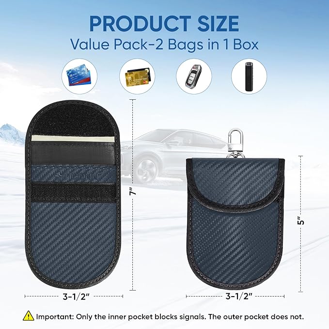 TICONN 2PK Faraday Bags for Car Keys Fob, 3.5"X5.0" Faraday Cage Protector, Car RFID Signal Blocking, Anti-Theft Pouch Anti-Hacking Case Blocker (Navy, M)