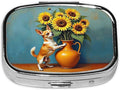ABLESKY Pill Box, 2 Compartment Pill Organizer Case for Pocket or Purse, Small Portable Metal Travel Medicine Box with Mirror, Daily Vitamins Fish Oil Container-Chihuahua Dog Sunflowers
