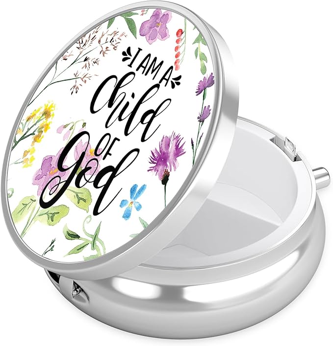 Christian God Pill Case,Bible Verse Pill Box 3 Compartments Metal Small Pill Holder with Mirror Mini Travel Pill Container for Purse Pocket Women Men