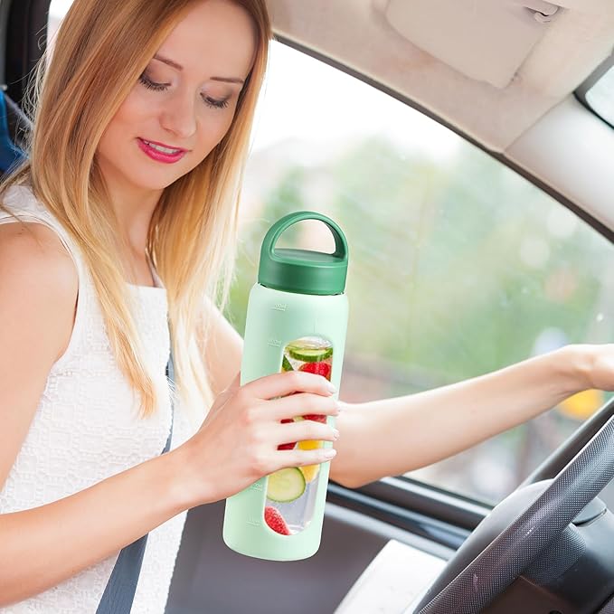 Kodrine 24oz Glass Water Bottle With Straw-2 lids-Reusable Daily Water Intake Glass Bottle with Measurements,Silicone Sleeve, Time Marker, Cupholder Friendly for Home,Gym,Sports-Green