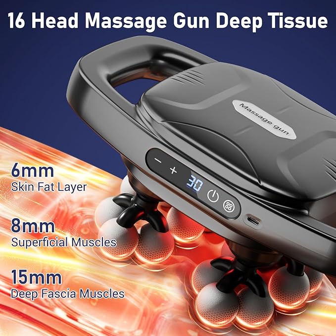 16 Head Massage Gun, Deep Tissue Percussion Back Massager with 3 Modes & 30 Intensities, Quiet Muscle Massage Pain Relief, Portable Percussion Massage Gun for Back, Neck, Shoulders, Legs, Waist, Body