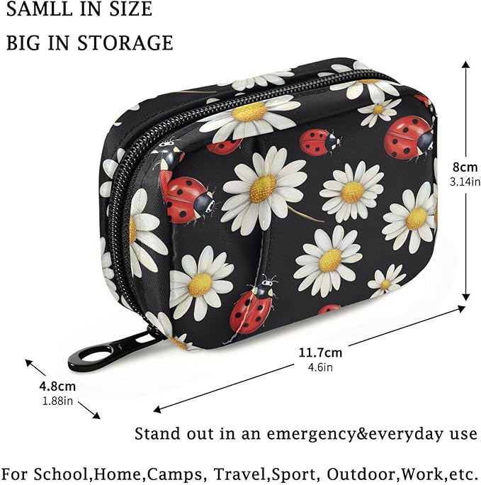 Fustylead Red Ladybugs and Daisy Floral Pill Organizer and Storage Weekly with Zipper, Removable Pill Box Portable Medicine Organizer for Vitamin Fish Oil Supplement