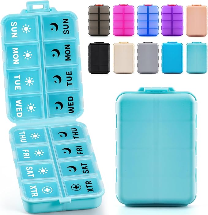Foldable Weekly Pill Organizer 2 Times a Day with 2 Extra Compartments (Clear Printed Labels) - Portable 7 Day AM PM Medicine Box, Week Daily Travel Pill Case Holder for Vitamin, Supplement - Sky Blue