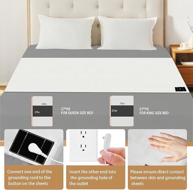 Grounding Sheets for King Size Bed, Grounding Bed Sheets with 10% Silver Fiber, Earth Connected Sheets for Better Sleep, Energy, White, 27"*76"